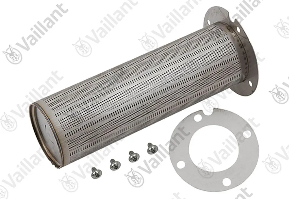 Edelstahlfilter von Vaillant mit perforierter Oberfläche und befestigendem Flansch, ergänzt durch Schrauben für die Installation.